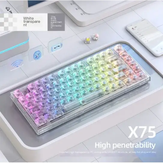 A translucent rainbow-colored mechanical keyboard with a sleek, modern design and white transparent keycaps.