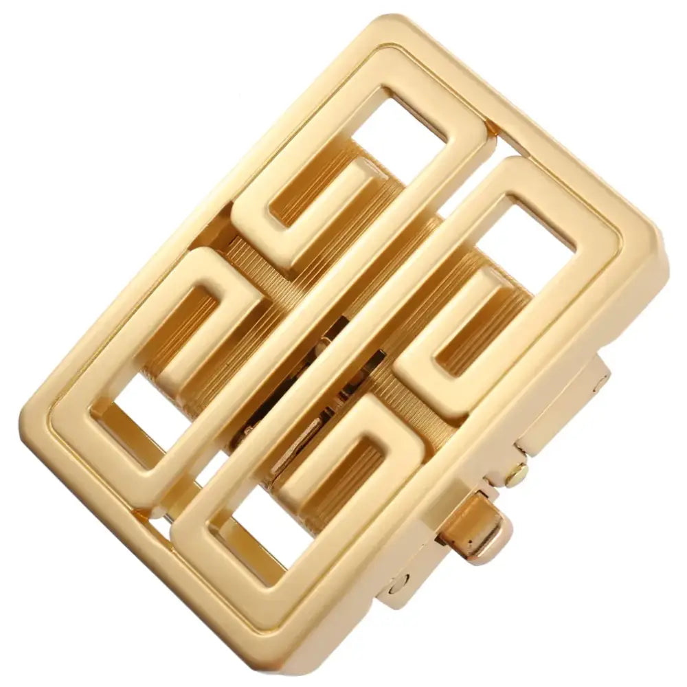 Gold-toned rectangular hair clip with a geometric, interlocking design and smooth metallic finish.