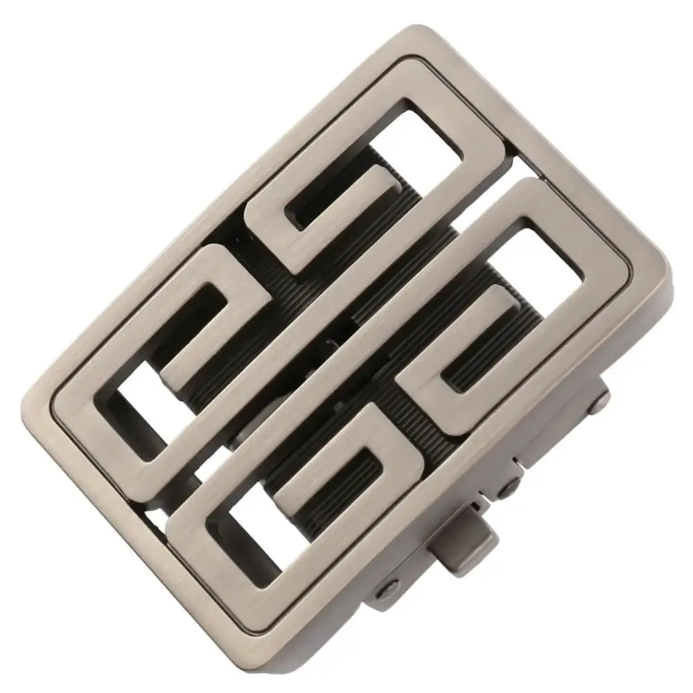 A sleek, rectangular metal belt buckle with a modern geometric design featuring interlocking angular patterns and a brushed silver finish.