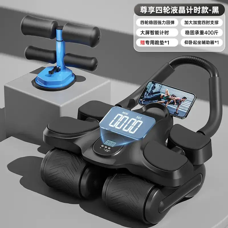 Black four-wheel ab roller with a digital display and textured grip surfaces.
