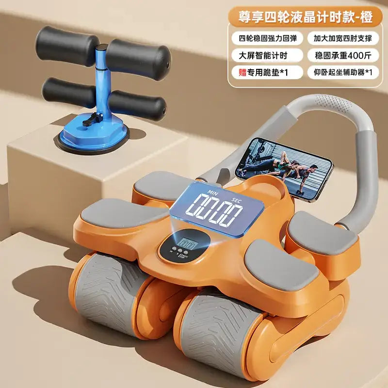 Orange and gray four-wheel rolling exercise machine with a digital display screen.