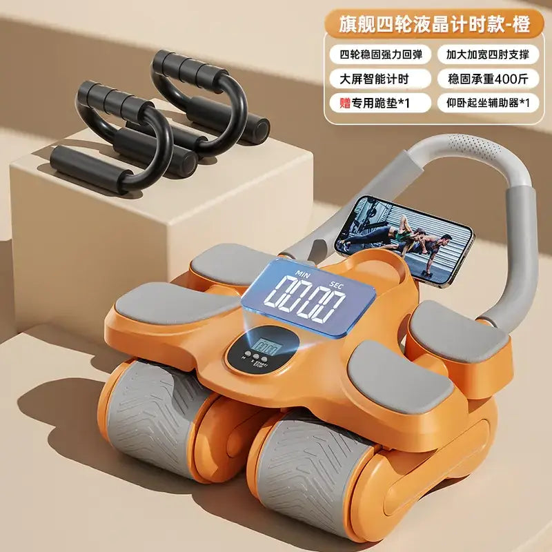 Orange and gray four-wheel smart fitness roller with digital display