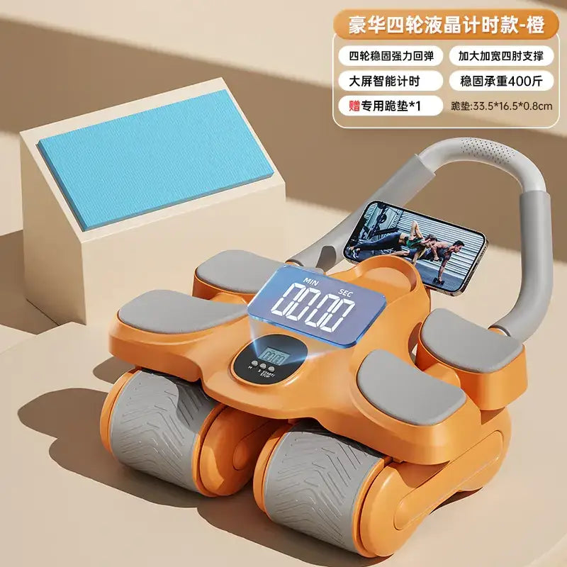 Orange and gray four-wheel smart fitness stepper with a digital display showing time, designed for home exercise.
