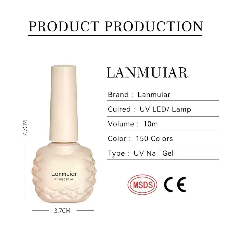 Cream-colored, textured glass bottle of lanmuiar uv nail gel with a matching cap.