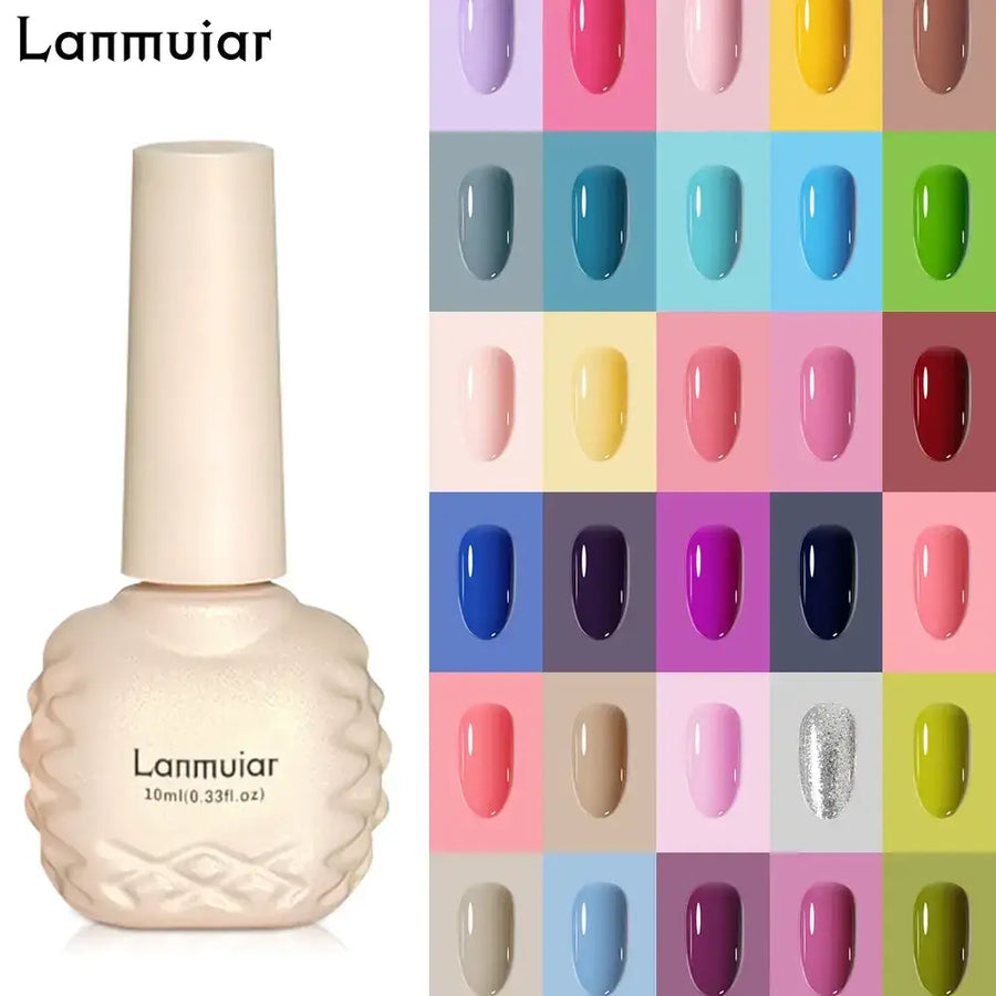 Lanmuiar 10ml nail polish in a cream-colored, textured bottle with an array of vibrant and pastel shades displayed beside it.