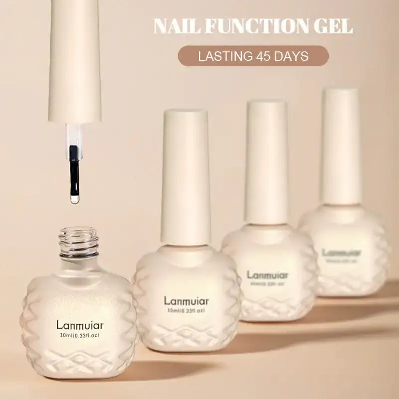 Lanmuir nail function gel in elegant frosted white bottles with textured, faceted design and a matching cap.