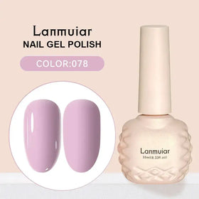 Lanmuiair nail gel polish in a 10ml bottle with an ornate, textured beige body and matching cap.