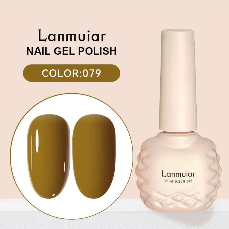 Lanmuiar nail gel polish in a creamy beige bottle with textured, faceted design and matching cap.