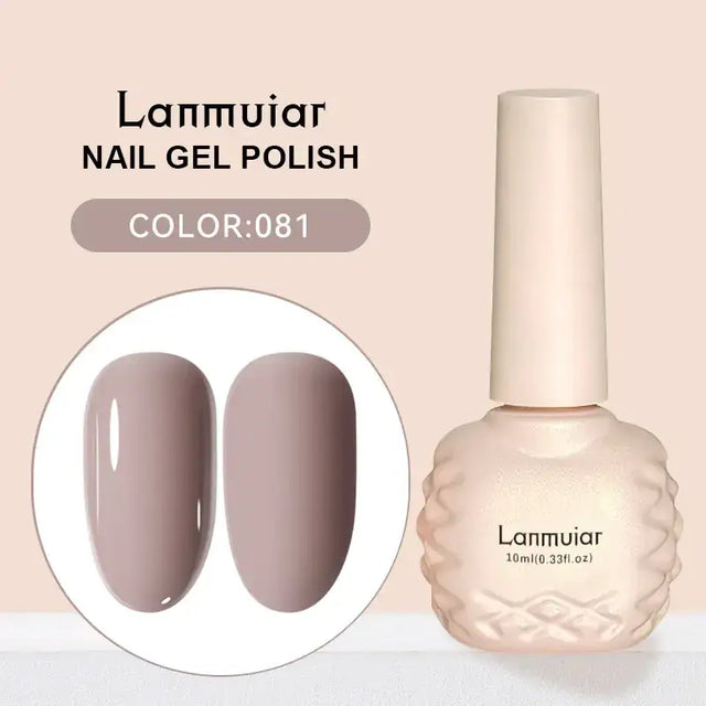 Lanmuiar nail gel polish in a 10ml bottle with an elegant, textured beige body and matching cap.
