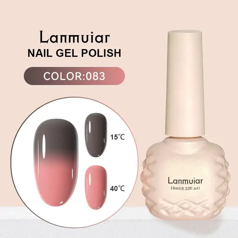 Lanmuiar nail gel polish in a 10ml bottle with a textured, cream-colored body and cap.