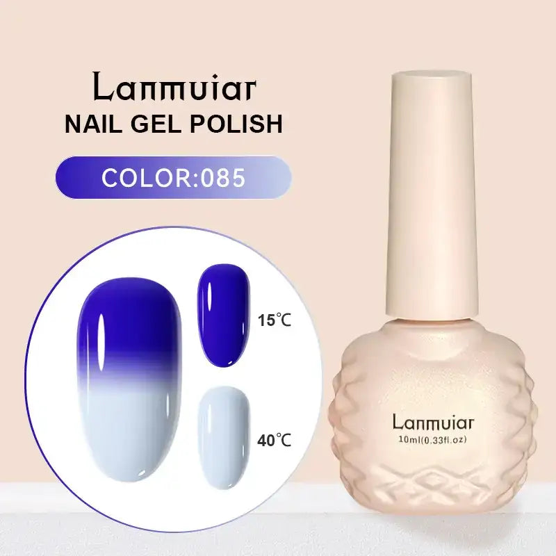 Lanmuiar nail gel polish in a 10ml bottle with an embossed textured body and matching cap, featuring color #085—a gradient from deep blue to light lavender.