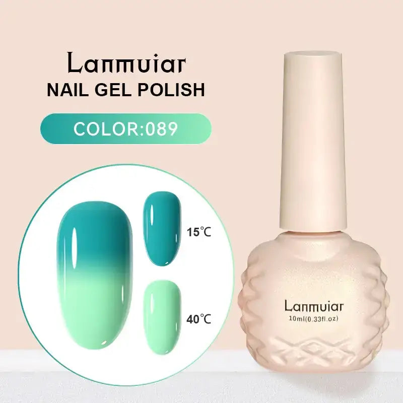 Lanmuiar nail gel polish in a textured, off-white bottle with a matching cap.