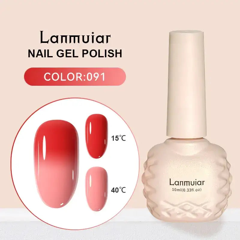 Lanmuiar nail gel polish in a 10ml bottle with an ornate, textured beige body and matching cap.