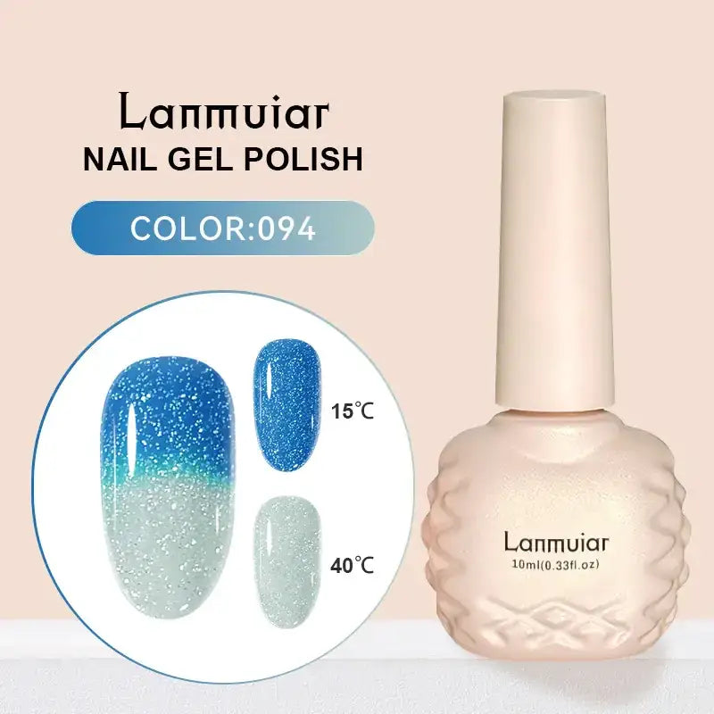 Lanmuiar nail gel polish in color 094, featuring a shimmering blue-to-silver gradient finish with sparkling glitter particles.