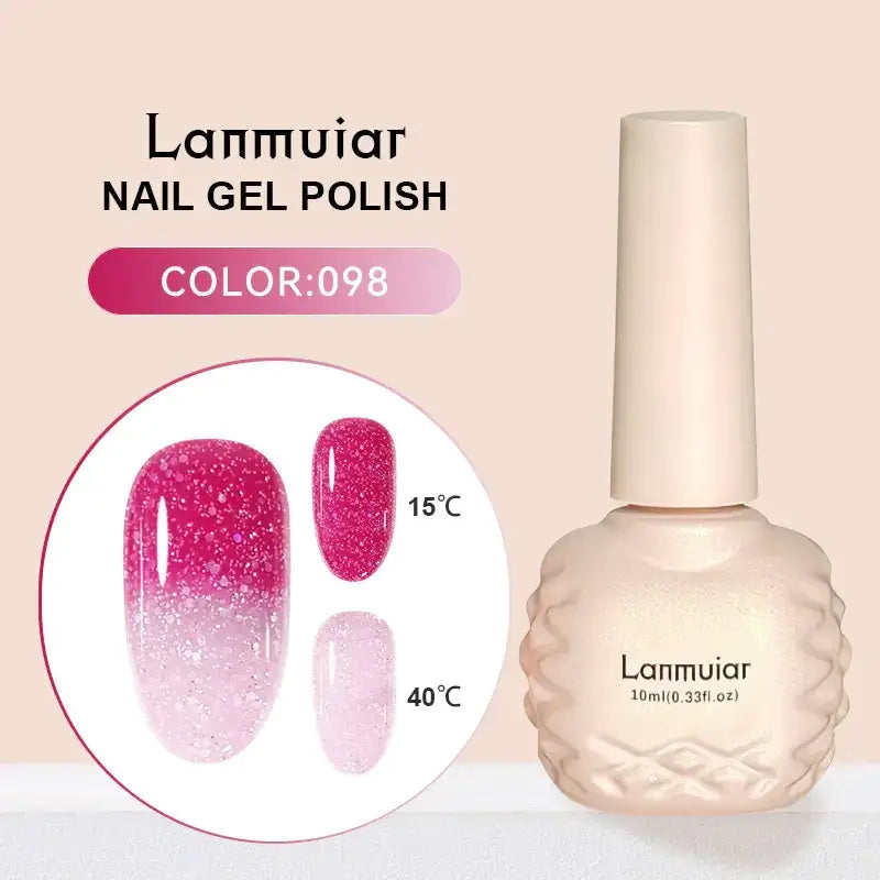 Lanmuiar nail gel polish in a textured, off-white bottle with a matching cap.