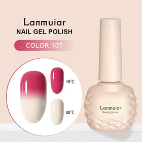 Lanmuiar nail gel polish in color 107, featuring a gradient from vibrant pink to creamy white with an elegant textured bottle.