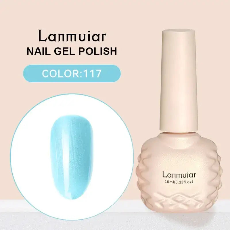 Lanmuiar nail gel polish in a textured, off-white bottle with a matching cap, featuring color 117—a soft, translucent light blue shade.