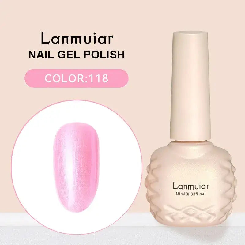 Lanmuiar nail gel polish in a creamy beige bottle with textured, faceted design and matching cap.