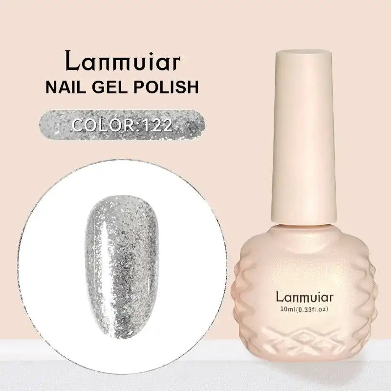 Lanmuiar brand nail gel polish in a 10ml bottle with a textured, pale pink body and matching cap.