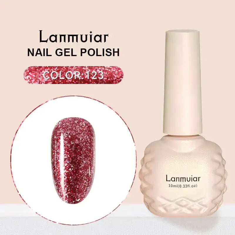 Lanmuiar nail gel polish in a shimmering red glitter finish, housed in an elegant off-white bottle with textured detailing.