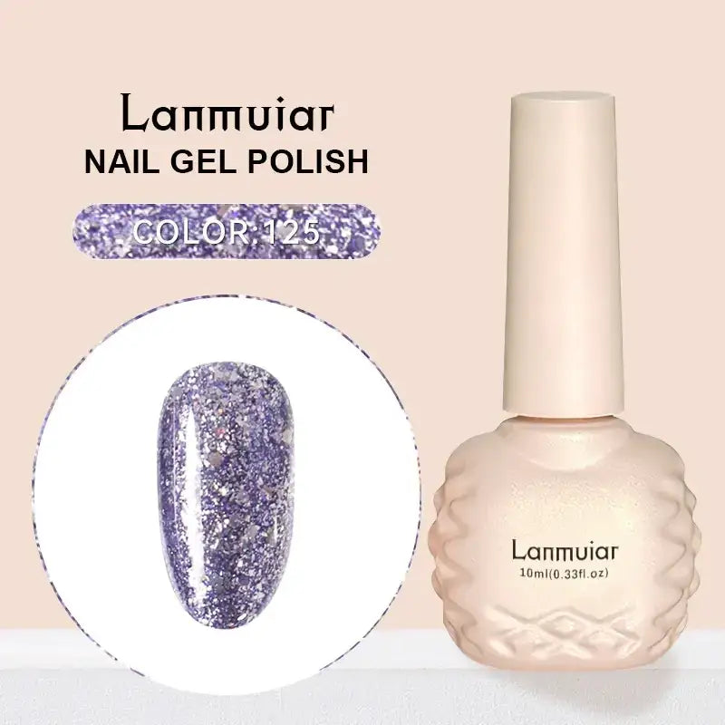 Lanmuiar nail gel polish in a textured, off-white bottle with a matching cap, featuring color 125—a shimmering lavender-purple hue filled with fine glitter particles.