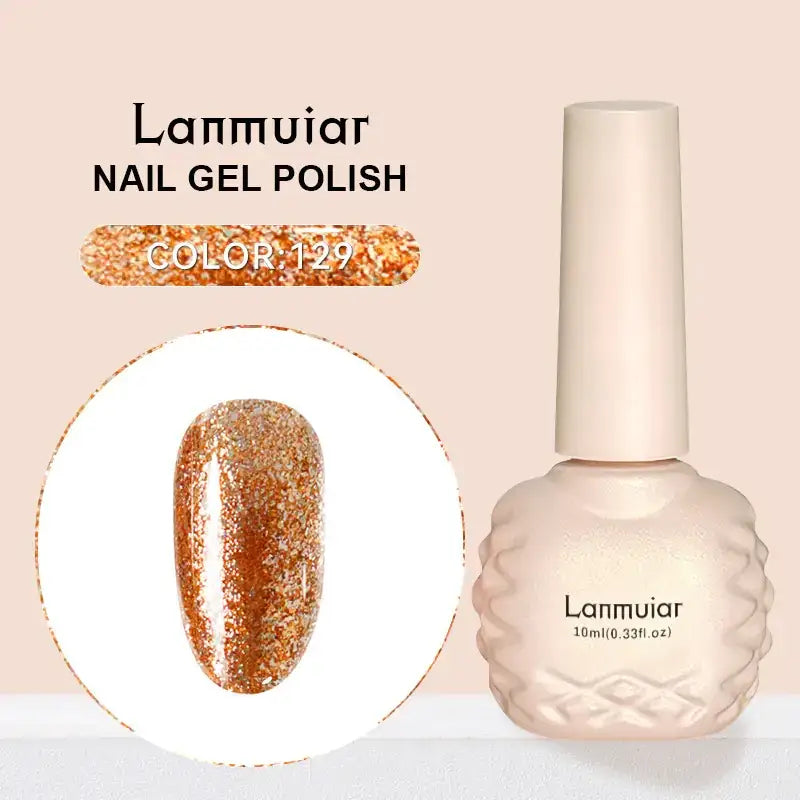 Lanmuiar nail gel polish in a shimmering gold glitter finish, housed in an elegant frosted glass bottle with textured detailing and a matching cap.