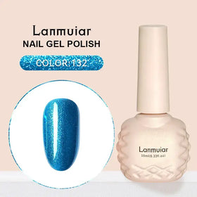 Lanmuiar brand nail gel polish in a 10ml bottle with an ornate, textured beige body and matching cap.