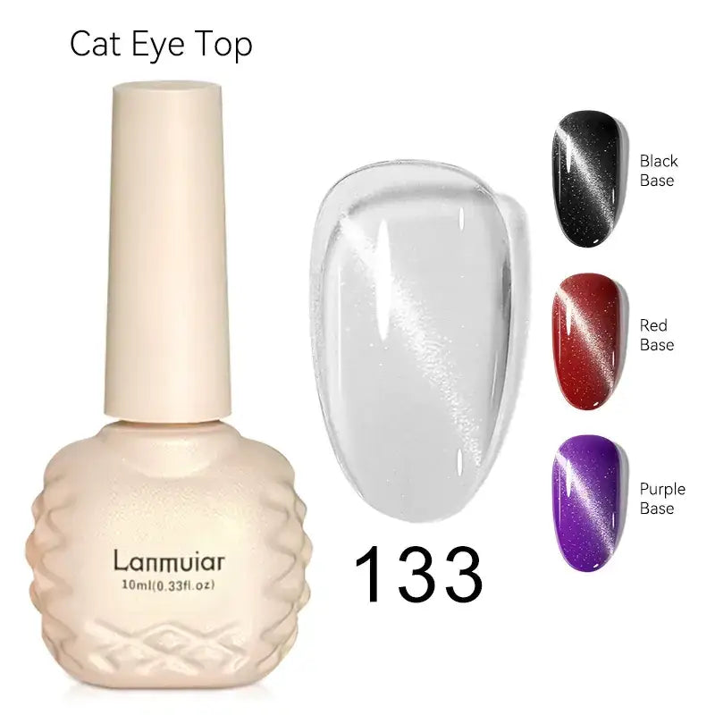Cream-colored, textured bottle of lanmuair cat eye top nail polish with a 10ml capacity.