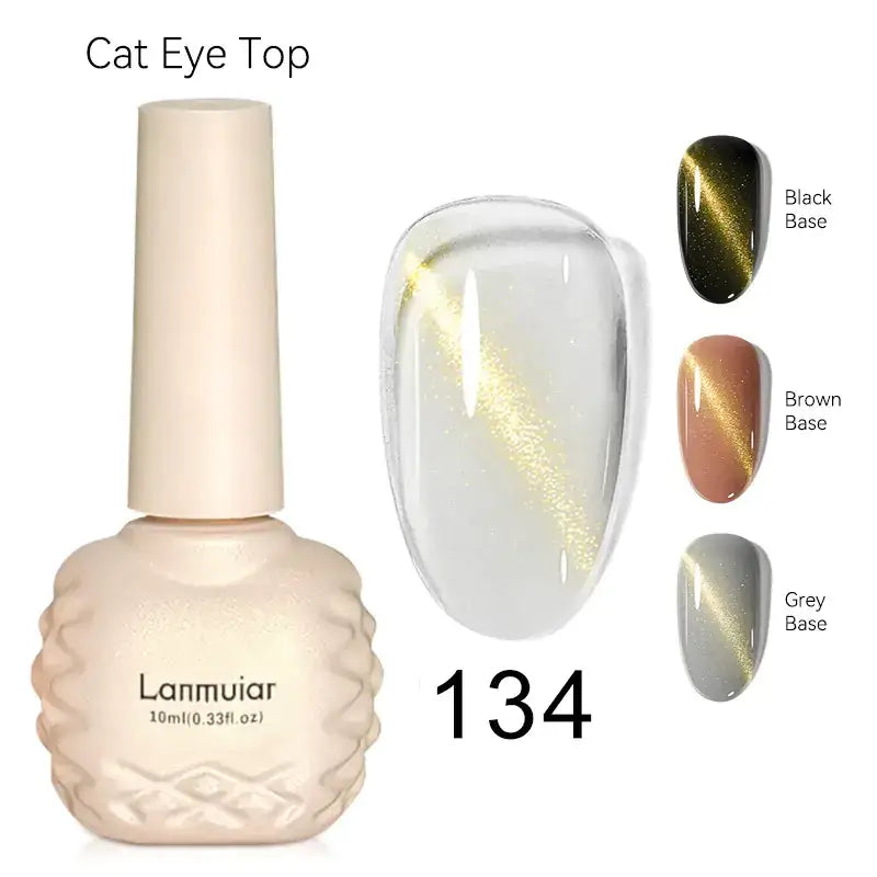 Cream-colored, textured bottle of lanmuiar cat eye top nail polish with a 10ml capacity and shimmering gold cat eye effect.