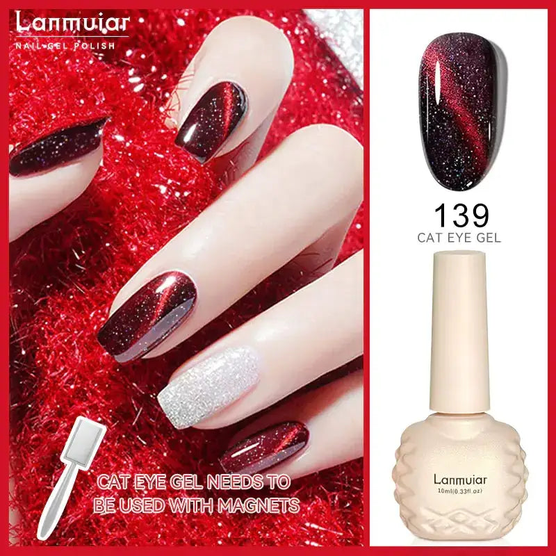 Lanmuiaar 139 cat eye gel nail polish in a cream-colored bottle with textured sides, featuring a dark red and black shimmering cat-eye effect.