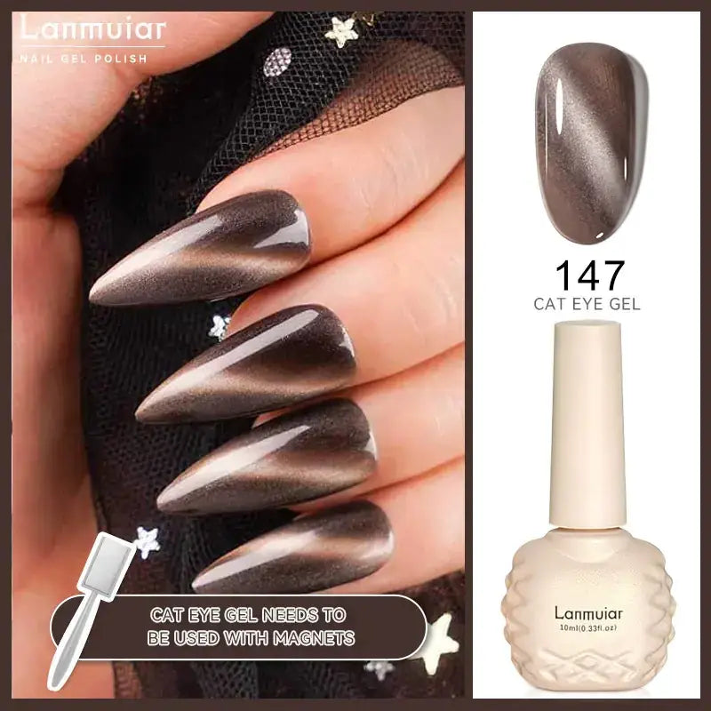 Lanmuiar 147 cat eye gel nail polish in a textured cream bottle with metallic silver and brown shimmer.