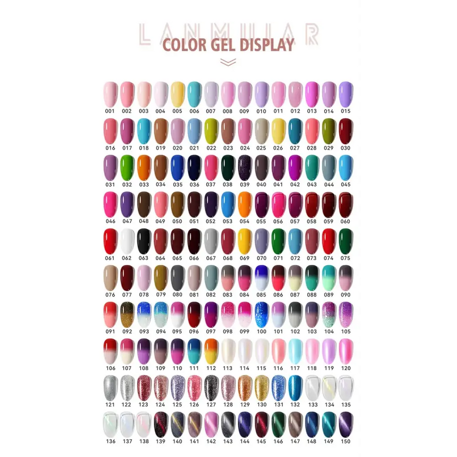 A vibrant array of 150 nail polish colors from the lannular color gel display, featuring glossy finishes in shades ranging from soft pastels to bold metallics and glittery accents.