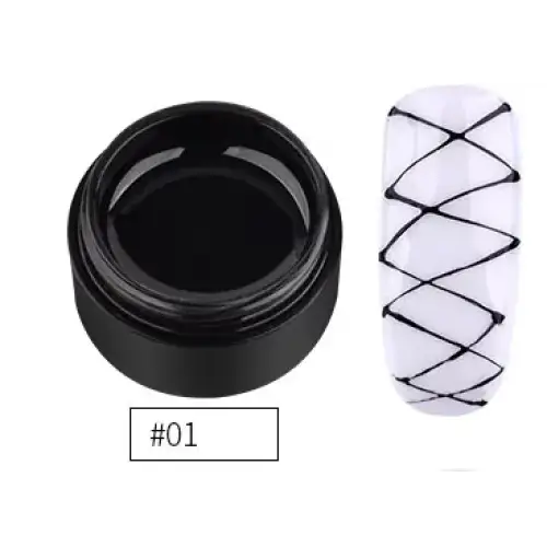 Black gel nail polish in a sleek black jar, shown alongside a white fingernail decorated with a crisscross pattern of the same black polish.