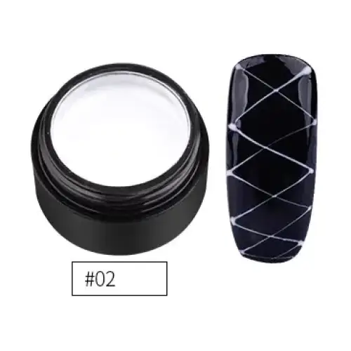 Black cylindrical container with white gel inside, next to a black nail tip decorated with silver crisscross lines.