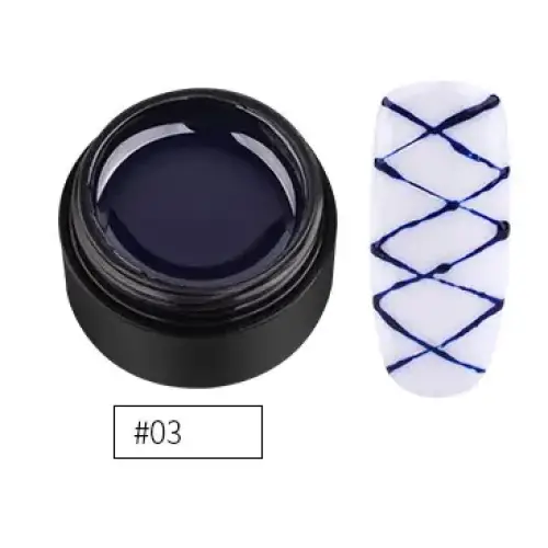 Deep navy gel polish in a sleek black jar, shown alongside its application on a white nail with intricate blue crisscross patterns.