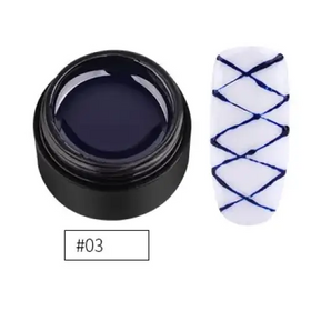 Deep navy gel polish in a sleek black jar, shown alongside its application on a white nail with intricate blue crisscross patterns.