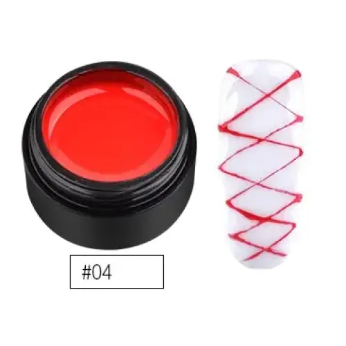 Red gel nail polish in a black jar, shown alongside a manicured fingernail with red crisscross swirls.