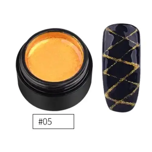 Golden glitter nail polish in a black jar, shown alongside a finished manicure with the same shimmering gold pattern on dark blue nails.