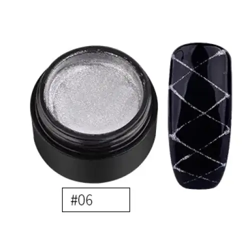 Silver glitter nail polish in a black jar, shown alongside a finished manicure with the same shimmering design on a dark base.