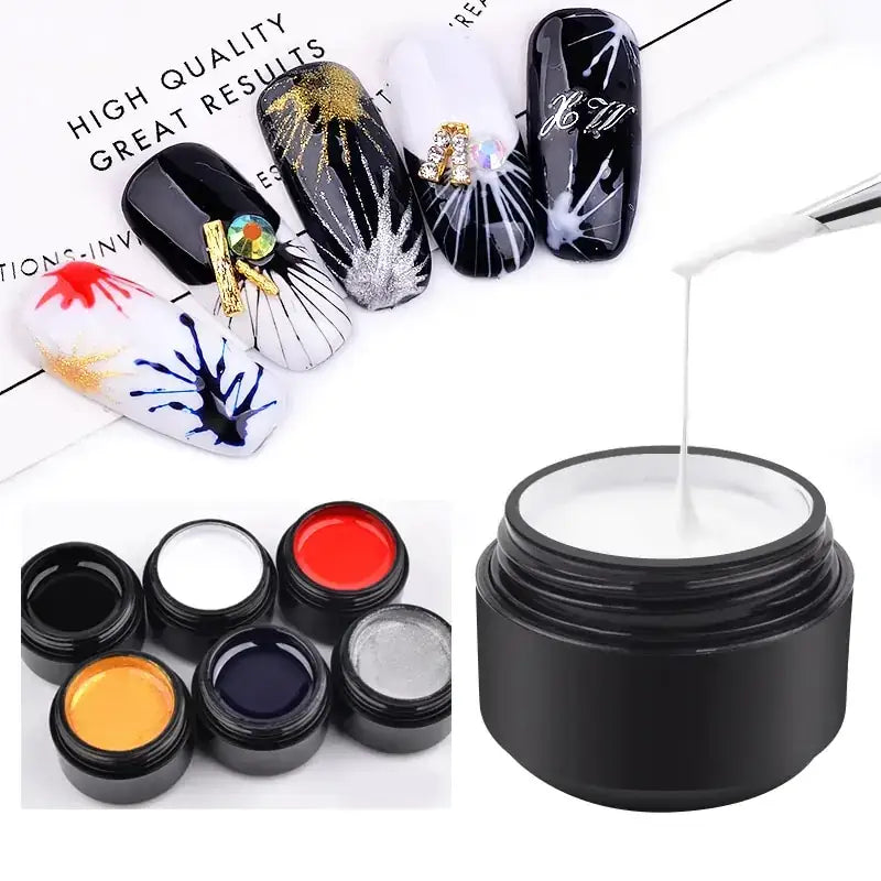 Black cylindrical jar containing white gel nail polish with a glossy finish.