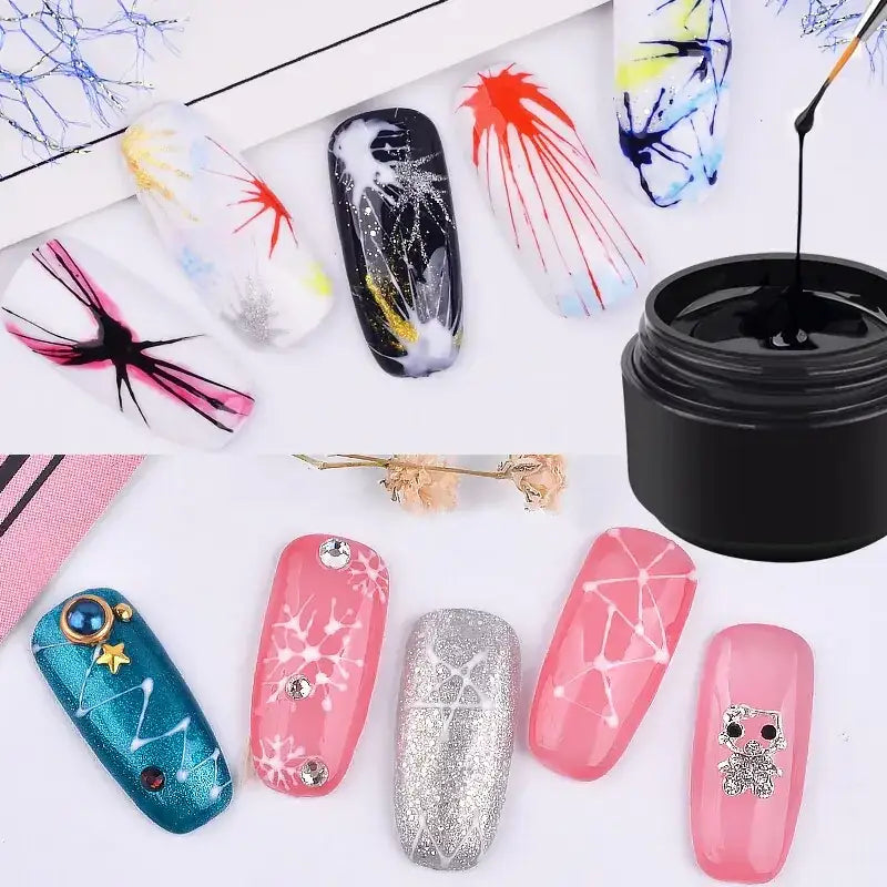 Black gel nail polish in a black jar with a brush dipped into it.