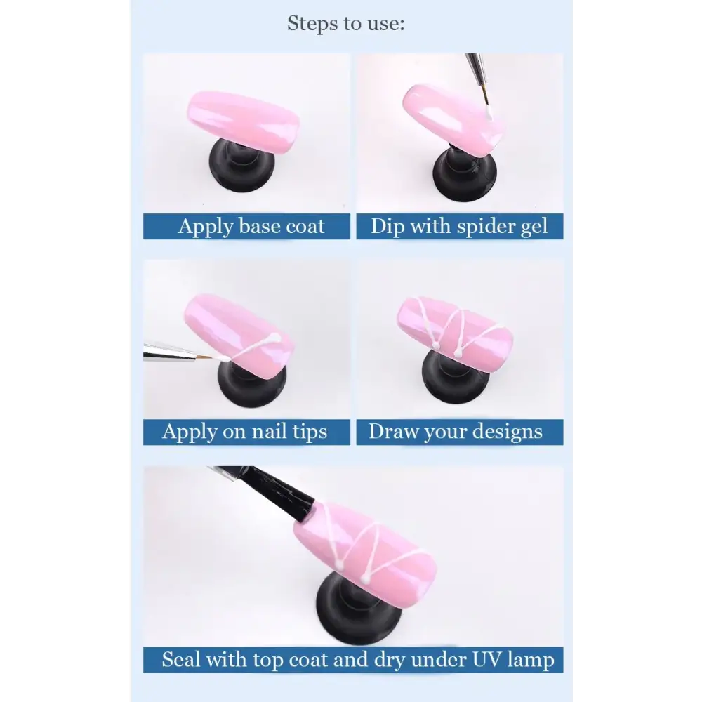 Pink nail polish with white spider gel designs applied on a mannequin nail.