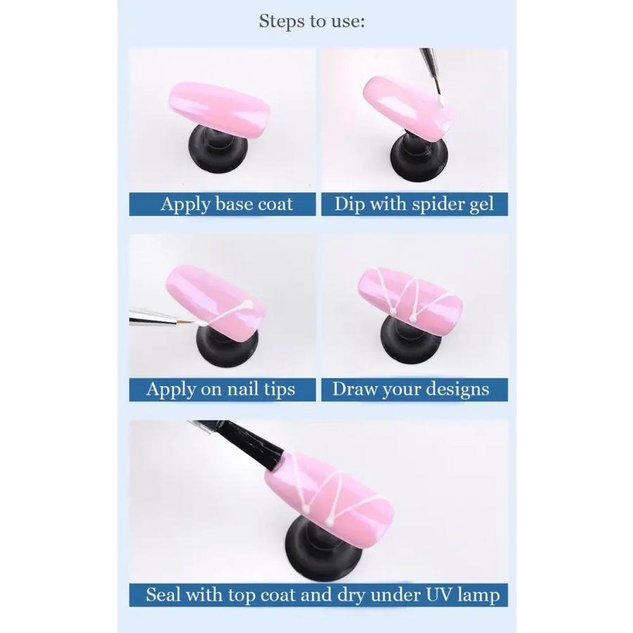 Pink nail polish with white spider gel designs applied on a mannequin nail.