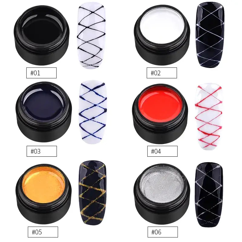 Six black jars containing nail polish in various colors including clear, navy blue, red, orange, and silver glitter.