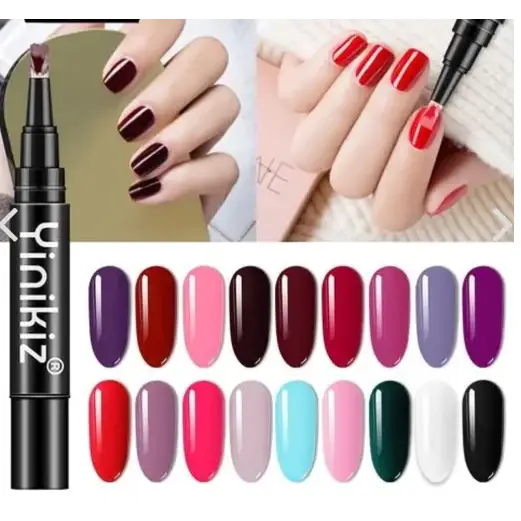 Black yinikiz nail polish pen with a fine tip, shown alongside a vibrant array of 16 glossy color swatches ranging from deep purples and reds to pinks, blues, greens, and neutral tones.