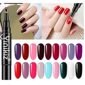 Black yinikiz nail polish pen with a fine tip, shown alongside a vibrant array of 16 glossy color swatches ranging from deep purples and reds to pinks, blues, greens, and neutral tones.