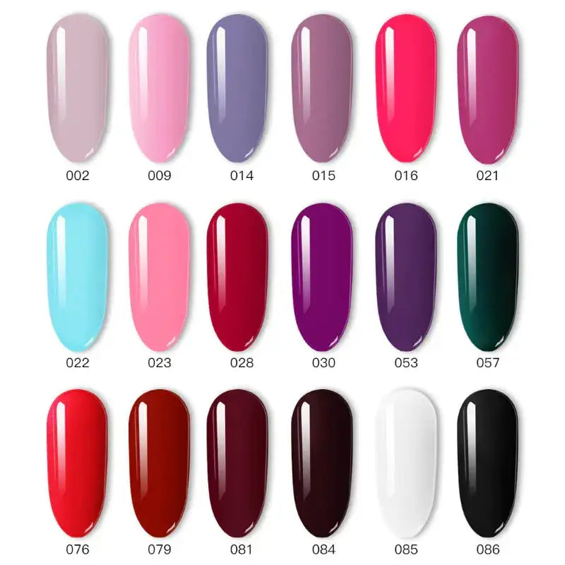 A collection of glossy nail polish shades in various colors including pink, purple, red, and black.