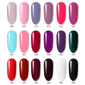 A collection of glossy nail polish shades in various colors including pink, purple, red, and black.
