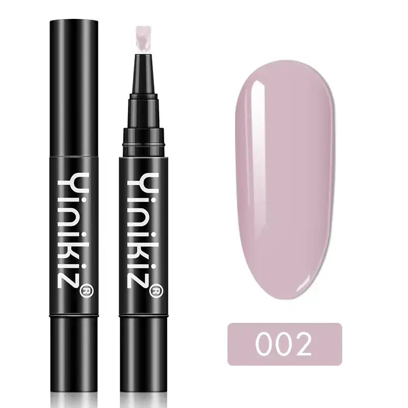 A sleek black yinikiz nail polish pen with a fine tip, showcasing a soft lavender shade labeled as 002.