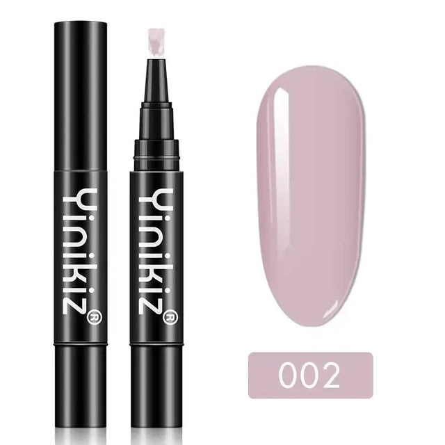 A sleek black yinikiz nail polish pen with a fine tip, showcasing a soft lavender shade labeled as 002.